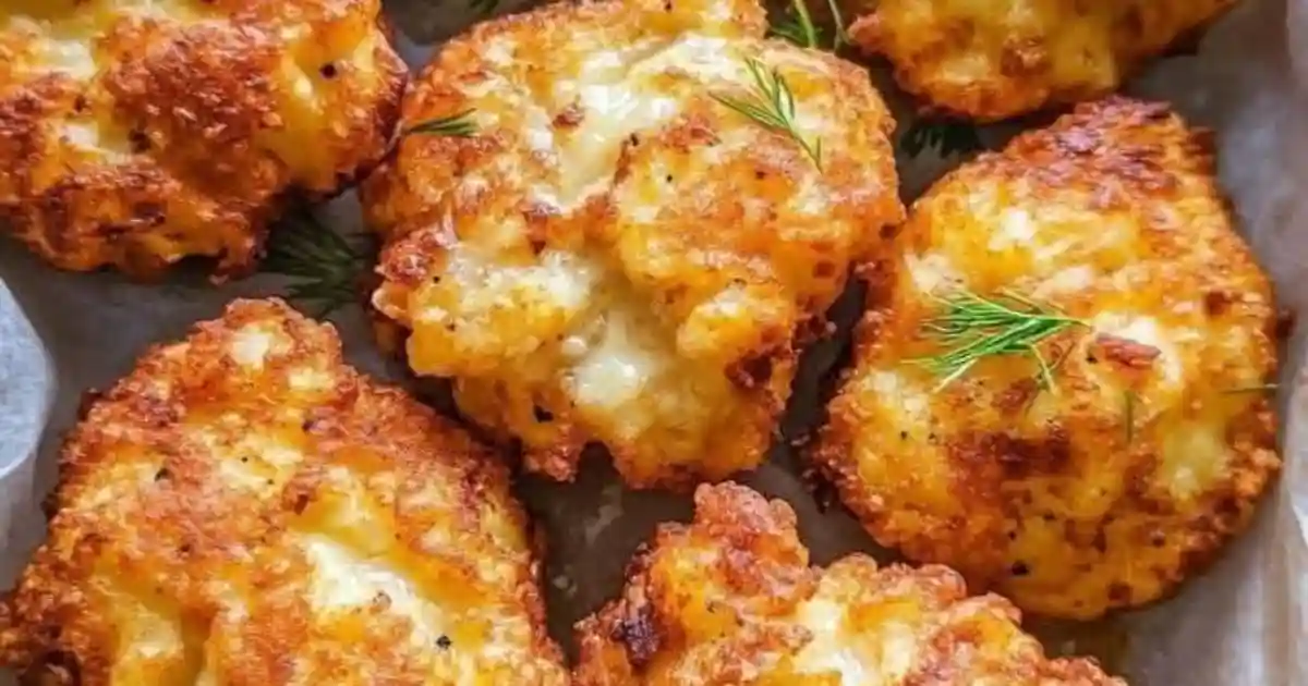 Golden, crispy Cheesy Chicken Fritters stacked on a plate, with melted cheese oozing from the sides, served with a dipping sauce on a rustic wooden table.