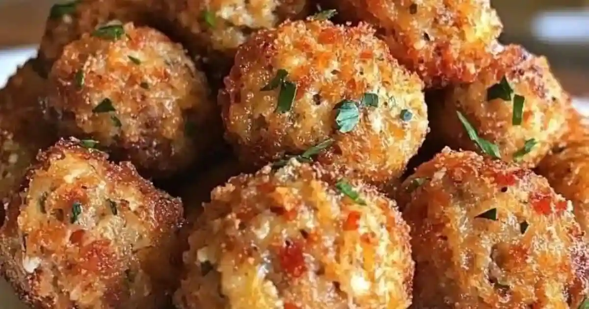 Golden-brown Sausage Balls on a white plate, with melted cheese visible inside, served with dipping sauces on the side.