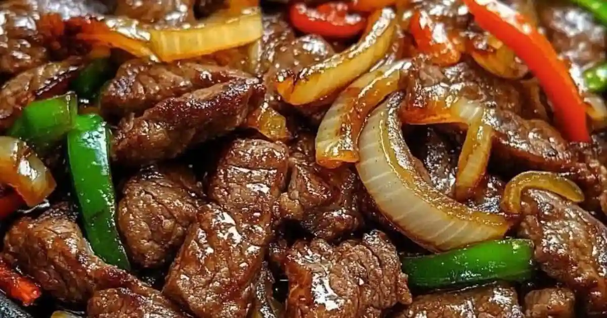 Juicy steak with onions topped with caramelized served on a white plate with fresh herbs